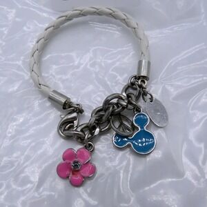 Disney Mickey Mouse Charm Bracelet White Braided Cord Silver Tone‎ Pink Flower